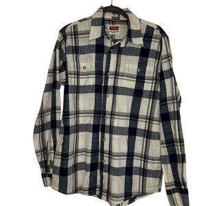 Wrangler Plaid Indigo Flannel‎ Button Up Shirt Size Medium Cream Blue